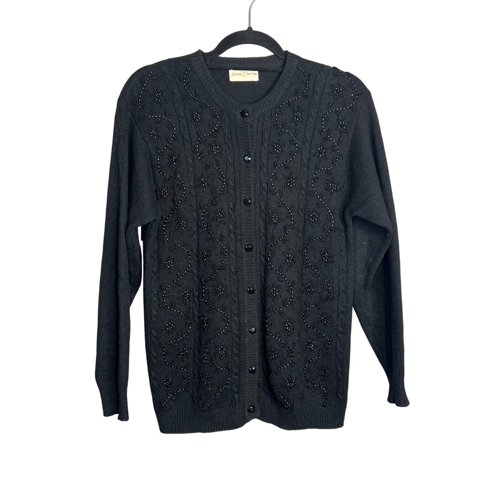 Jaclyn Smith Vintage Sweater Cardigan‎ Black Embellished Beaded Floral Button